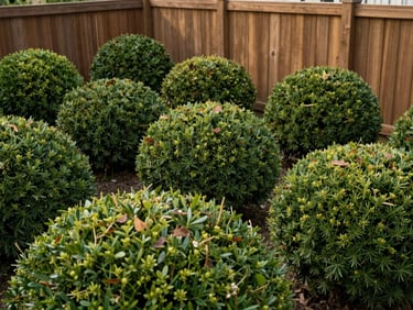 Medium-wide shot of neatly cut ornamental shrubs in a residential garden, even rounded shapes against a wooden fence, natural daylight, no people