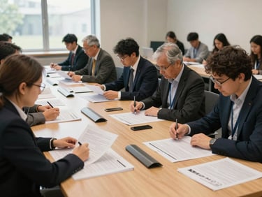 Wide environmental shot of a modern academic symposium, natural daylight, researchers analyzing printed reports on a long wooden table, clean composition.