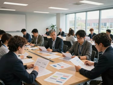 Wide environmental shot of a bright, modern academic symposium room with researchers seated around a wooden table analyzing printed reports and data charts, natural daylight.