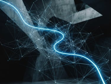 Abstract representation of interconnected data points forming a complex network, with a single bright electric blue line highlighting a path, high-contrast studio lighting, minimalist architectural angles, cool ambient light, 35mm lens