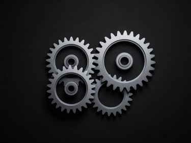 minimalist editorial photography, cool ambient lighting, high contrast, desaturated tones with electric blue accents, 35mm lens, abstract conceptual image of interlocking gears or a minimalist architectural structure suggesting strategic planning and execution, dark background