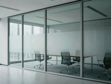 Minimalist corporate boardroom with clean glass partitions and steel frames, cool-toned daylight, sharp architectural lines.
