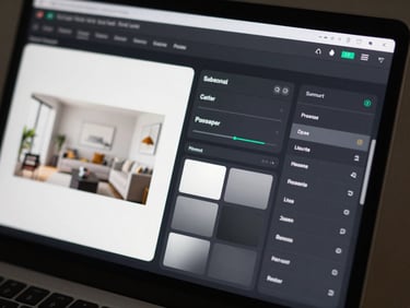 Close-up of a blurred SaaS application interface showing room layout controls and material selectors on a dark screen, soft studio lighting, no readable text, clean product mockup aesthetic