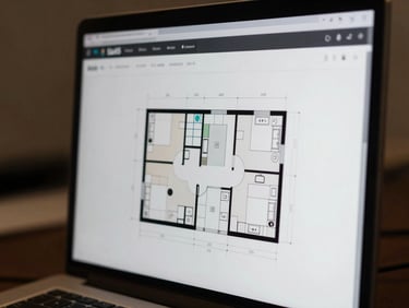 Close-up of a blurred SaaS interface screen showing a floor plan layout tool with room dimension overlays, soft warm studio lighting, tight overhead framing on the monitor surface, slight depth-of-field blur conveying a preview state