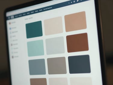 Close-up of a blurred SaaS dashboard showing material palette swatches and finish comparisons on a light screen, soft even studio lighting, no readable text, professional product mockup