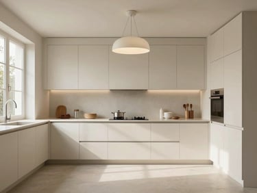 Wide environmental shot of a minimal luxury kitchen interior, handleless cabinetry in warm off-white, a single pendant light centered in frame, naturalistic daylight from a window off-left, no people present