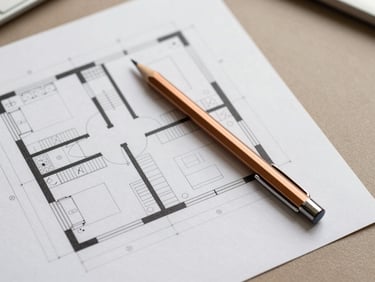 Close-up overhead flat-lay of an architectural floor plan on a warm taupe desk surface, a bronze mechanical pencil resting diagonally across the sheet, soft diffused studio light, clean and minimal