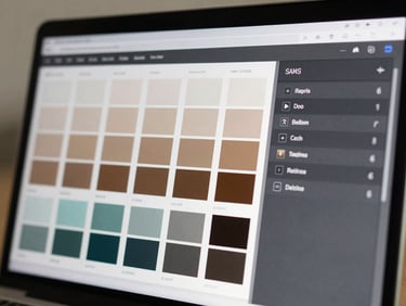 Close-up of a blurred SaaS interface screen showing a material and finish palette selector with tile swatches and finish thumbnails, soft even studio lighting, tight framing on a laptop screen, slight blur conveying a coming-soon preview state