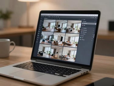 Tight close-up of a design platform interface on a laptop screen, showing a dashboard with room visualization thumbnails, soft ambient desk lighting, clean workspace with no clutter