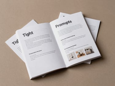 Tight flat-lay of a printed prompt pack booklet for interior design AI workflows, lying open on a warm taupe surface with a few loose prompt cards beside it, even daylight from the left, close-up overhead framing