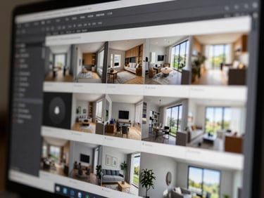 Close-up of a blurred SaaS interface screen showing a batch render queue with multiple interior room thumbnail previews in a grid, naturalistic daylight visible in the renders, tight framing on the screen, soft depth-of-field blur conveying a preview state
