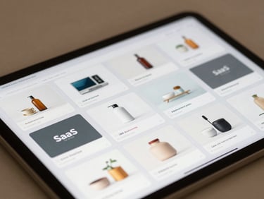 Close-up of a blurred SaaS product listing grid showing digital template thumbnails on a warm light background, soft studio lighting, no readable text, clean marketplace interface mockup