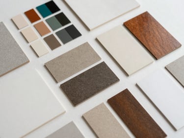 Overhead close-up of a curated mood-board kit — color swatch chips, material sample cards, and finish reference sheets arranged in a clean grid on a light surface, soft diffused studio lighting, tight overhead framing
