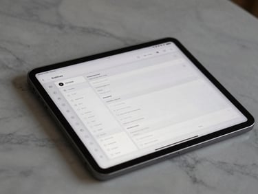 Close-up of a design platform mockup on a tablet screen showing a prompt library interface with categorized entries, placed on a clean marble surface, soft diffused ambient light, no reflections
