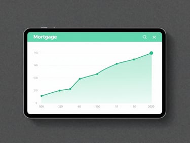 A clean digital interface showing a mortgage amortization curve on a screen, mint green accents, high-contrast slate background, soft natural daylight, minimalist composition