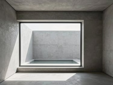A minimalist modern home interior with sharp concrete lines, soft natural daylight streaming through a large window, high-end real estate, 35mm