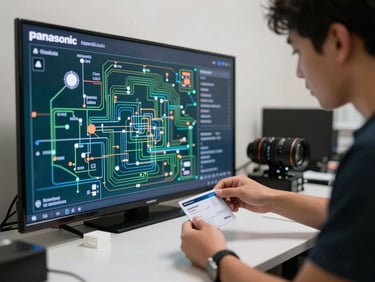 Técnico especializado examinando la tarjeta de circuitos de un Smart TV Panasonic LED sobre un banco de trabajo iluminado con luz blanca.