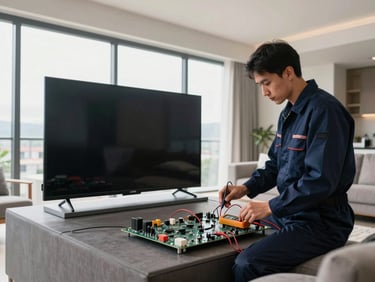 Wide panoramic view of a bright modern Bogotá apartment living room, a professional technician in a clean dark blue uniform uses a multimeter to test the main board of a large flat-screen TV resting safely on a padded surface, natural light from large windows.