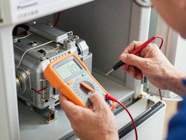 Close-up of a technician's hands using a digital multimeter to test a Panasonic refrigerator compressor, bright daylight, clean tools.