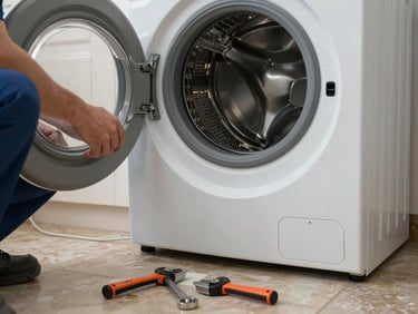 Un técnico revisando el tambor de una lavadora de carga frontal Panasonic, herramientas de calibración sobre el piso de cerámica limpio.