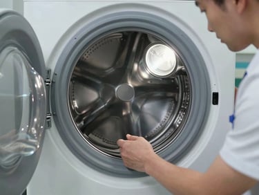 A professional technician inspecting the drum of a modern washing machine, focused work light, clean professional setting.
