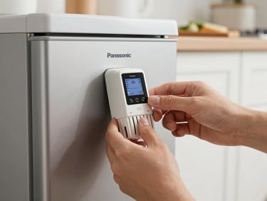Primer plano de manos técnicas ajustando el termostato digital interno de una nevera Panasonic de acero inoxidable, iluminación clara de cocina moderna.