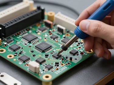 Technical repair of a smart TV board, hands holding a soldering iron near microchips, precise macro shot, daylight.
