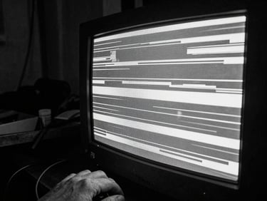 Extreme close-up, raw flash photography, high contrast black and white, showing a hand holding a flickering CRT monitor displaying glitch art, in a dimly lit, cluttered workshop.