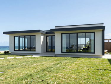 Modern coastal house with glass windows, green lawn, bright daylight