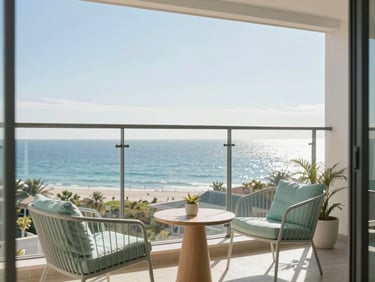 Cozy apartment balcony with sea view, modern furniture, sunny morning