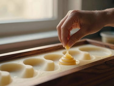 Artistic shot of hands carefully pouring wax into a spiral mold, warm studio light, focus on the craft.