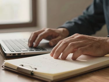 Close-up of hands resting on a keyboard beside a notepad with handwritten notes, warm window light from the left, shallow depth of field, no face visible, editorial calm