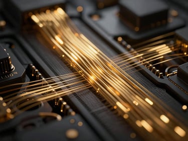 Abstract representation of gold digital data streams flowing through a dark central processor, high-tech premium aesthetic, cinematic lighting, 35mm