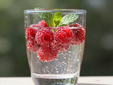 A glass of sparkling water infused with fresh raspberries and mint leaves, glistening under direct summer sunlight