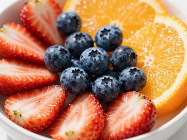 Close-up macro shot of a vibrant breakfast bowl with sliced strawberries, blueberries, and orange slices under bright morning sunlight