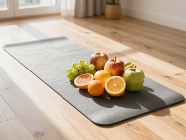 Bright sunlit apartment interior with a yoga mat on a clean wooden floor, warm morning light casting soft shadows