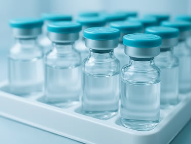 Clinical shot of sterile vaccine vials with teal caps in a laboratory tray