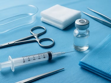 Close-up of sterile medical devices and surgical consumables on a blue surgical drape
