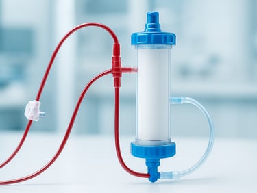 Macro clinical shot of a medical dialyzer and blood tubing set in a bright sterile laboratory