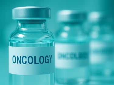 Macro clinical shot of sterile oncology vials under cool teal laboratory lighting, highly detailed, 50mm