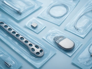 Macro clinical shot of modern orthopaedic implants and cardiac medical devices in sterile packaging