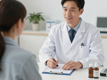 A medium-close environmental portrait of a board-certified doctor in a warm, natural-light office, looking calmly toward the camera, clean muted tones, professional