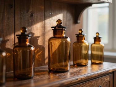 Amber glass apothecary jars on a dark wooden shelf, soft afternoon sunlight filtering through a window, warm and historic mood.