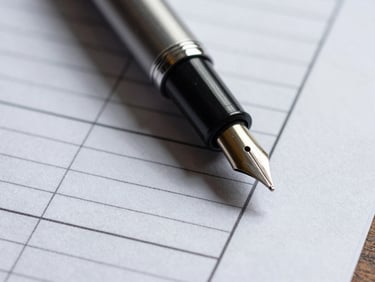 Macro close-up of a fountain pen resting on structured financial ledger papers, clean lines, cool office daylight, high-contrast shadows.
