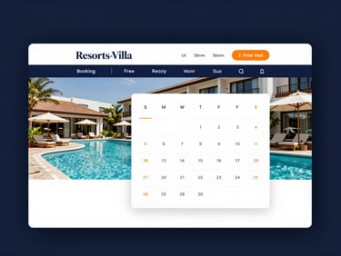 Clean screenshot of the Resorts-Villa booking platform interface, showing an elegant resort pool area and booking calendar, modern, high-contrast, professional 35mm