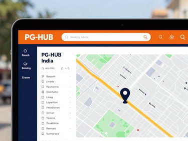 Clean screenshot of the PG-HUB India booking platform interface, showing a map with pins and listing details, modern, high-contrast, professional 35mm
