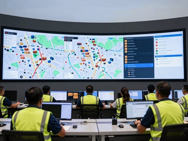 High-contrast wide-angle shot of a modern logistics control tower in São Paulo, professional operators monitoring real-time delivery maps on large digital screens.