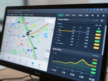 Close-up of a modern digital logistics dashboard showing real-time tracking maps, delivery KPIs, and route optimization charts, cool tech lighting.