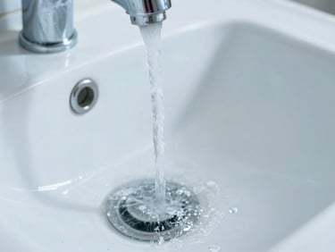 Close-up of water draining perfectly down a clean bathroom sink, sharp focus on water flow, bright daylight