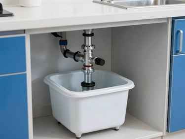 A clean, well-maintained grease trap under a kitchen counter, professional plumbing setup, crisp lighting